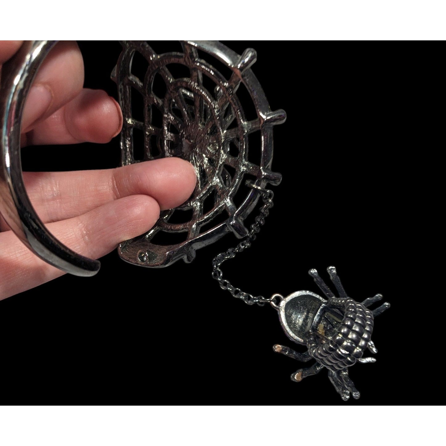 Glam Goth Spider Hinge Bracelet Ring Attached With Chain