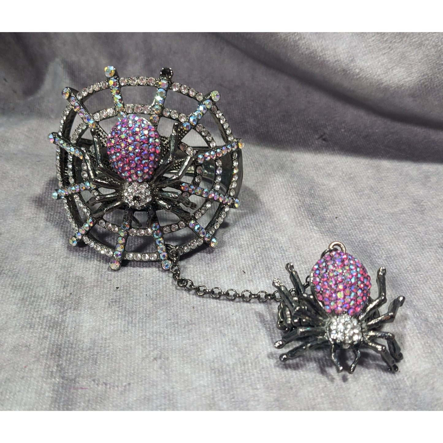 Glam Goth Spider Hinge Bracelet Ring Attached With Chain