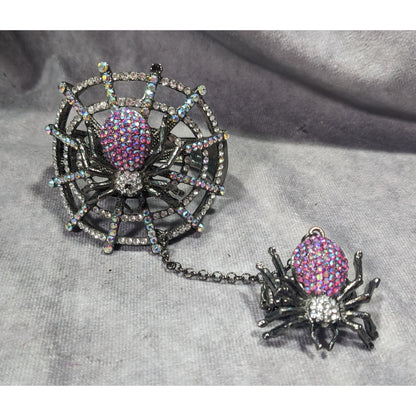 Glam Goth Spider Hinge Bracelet Ring Attached With Chain