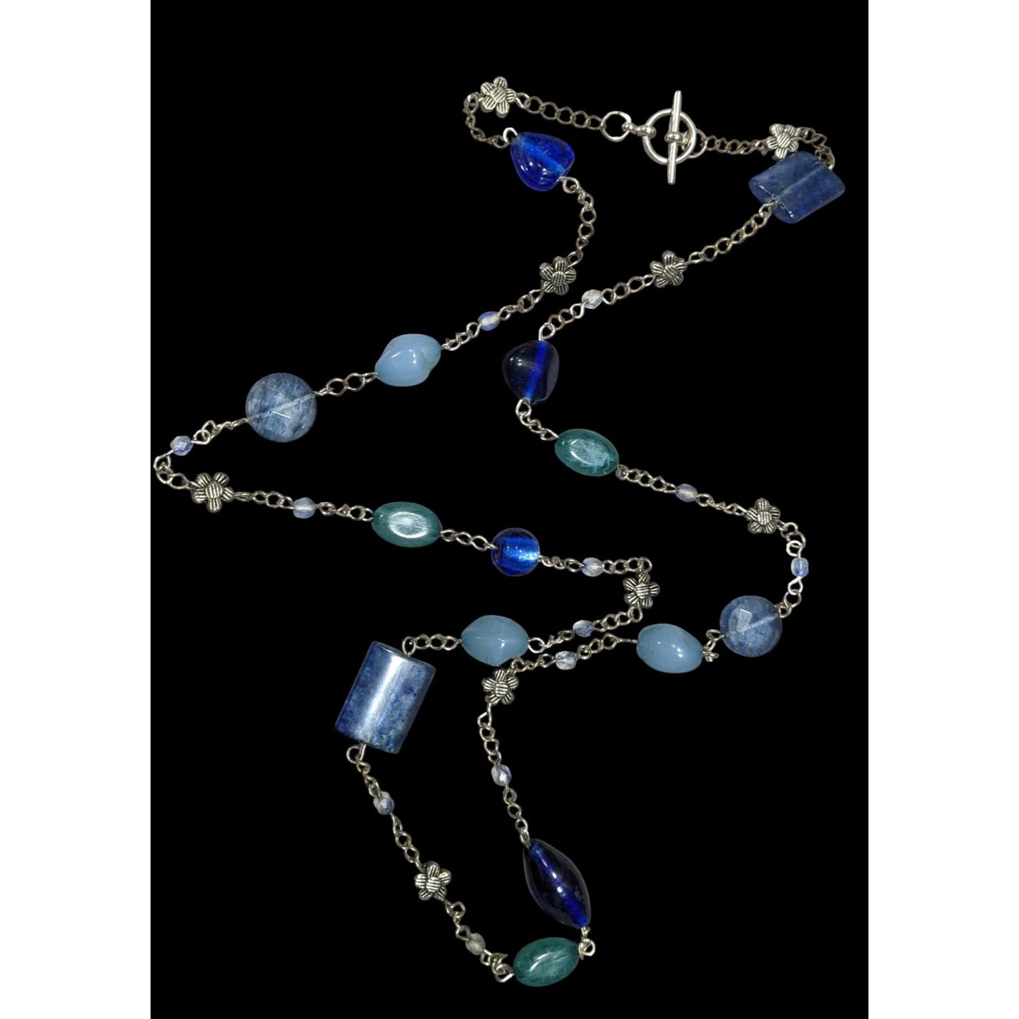 Floral Station Necklace Blue & Green Beaded Necklace With Toggle Clasp