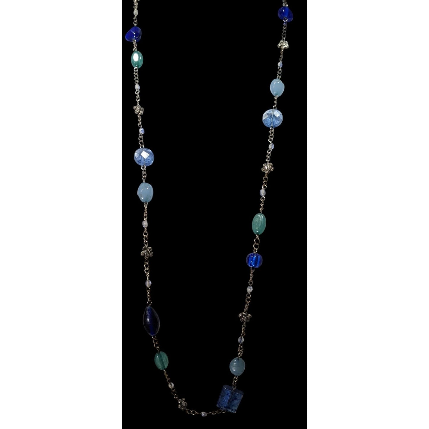 Floral Station Necklace Blue & Green Beaded Necklace With Toggle Clasp