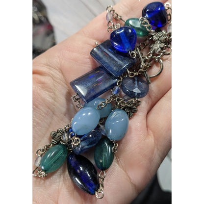 Floral Station Necklace Blue & Green Beaded Necklace With Toggle Clasp