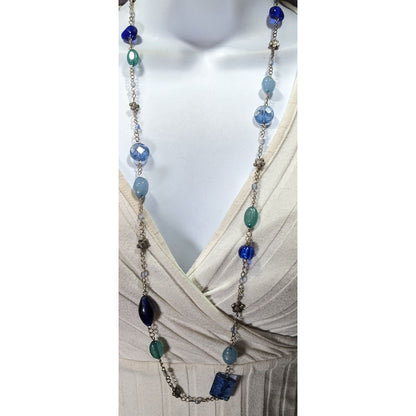 Floral Station Necklace Blue & Green Beaded Necklace With Toggle Clasp