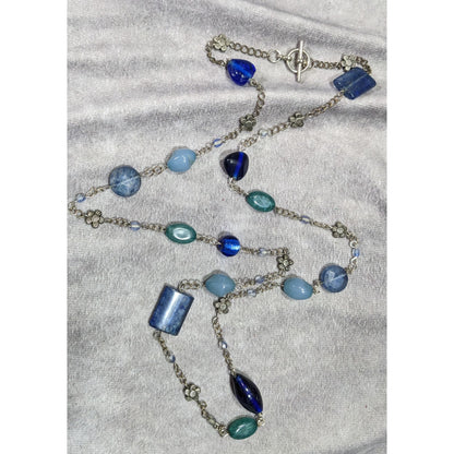Floral Station Necklace Blue & Green Beaded Necklace With Toggle Clasp