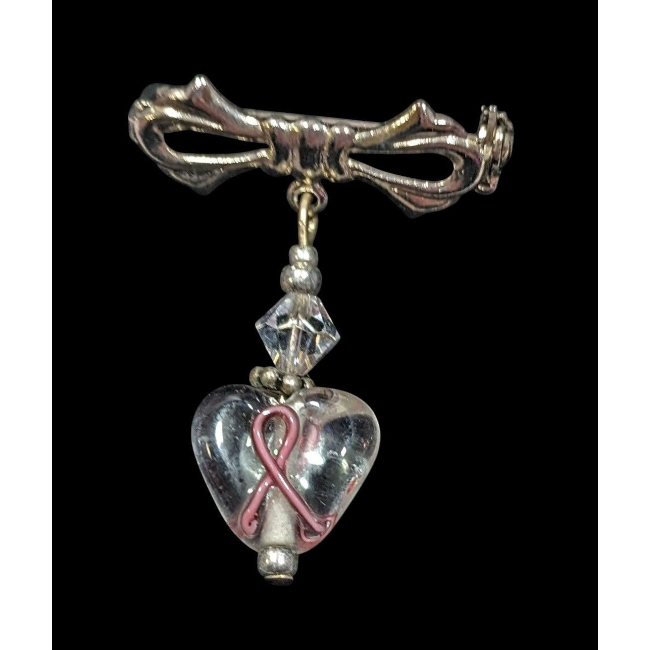 Breast Cancer Awareness Pink Ribbon Clear Heart Dangle Brooch