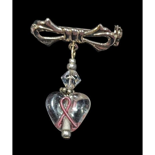 Breast Cancer Awareness Pink Ribbon Clear Heart Dangle Brooch