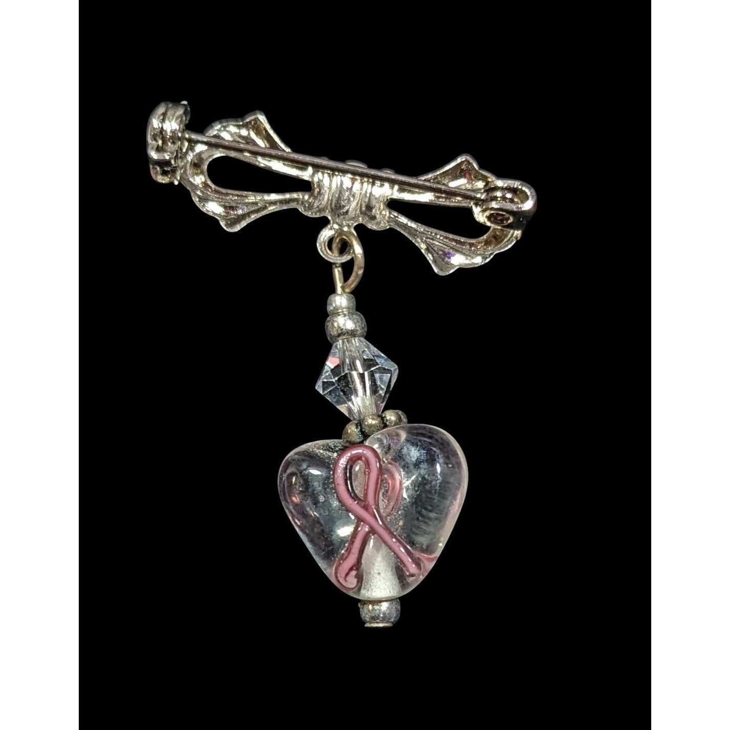 Breast Cancer Awareness Pink Ribbon Clear Heart Dangle Brooch