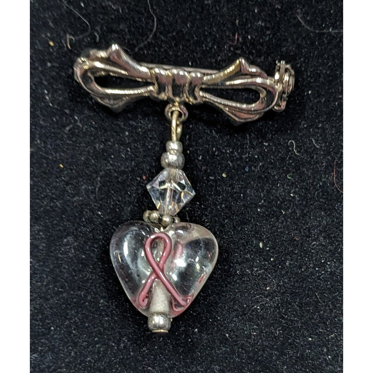 Breast Cancer Awareness Pink Ribbon Clear Heart Dangle Brooch