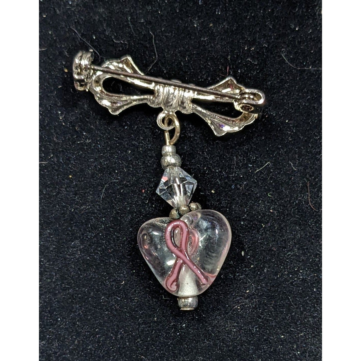 Breast Cancer Awareness Pink Ribbon Clear Heart Dangle Brooch