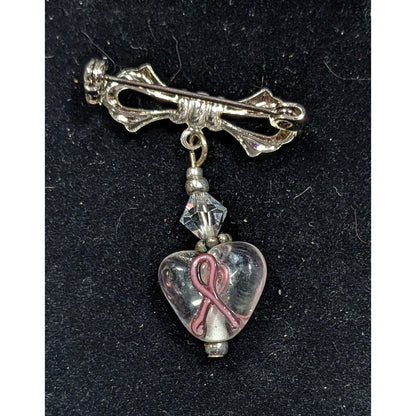 Breast Cancer Awareness Pink Ribbon Clear Heart Dangle Brooch
