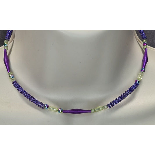 Handmade Purple Wire Wrapped Beaded Necklace With Spiral Wire & Glass Accents