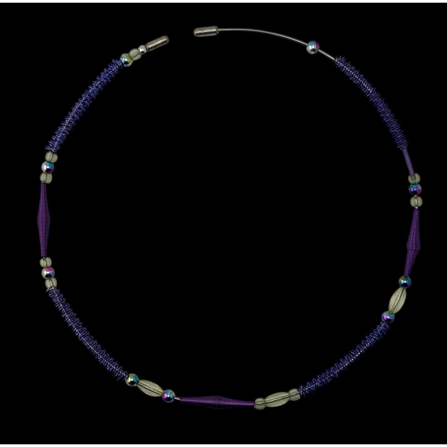 Handmade Purple Wire Wrapped Beaded Necklace With Spiral Wire & Glass Accents