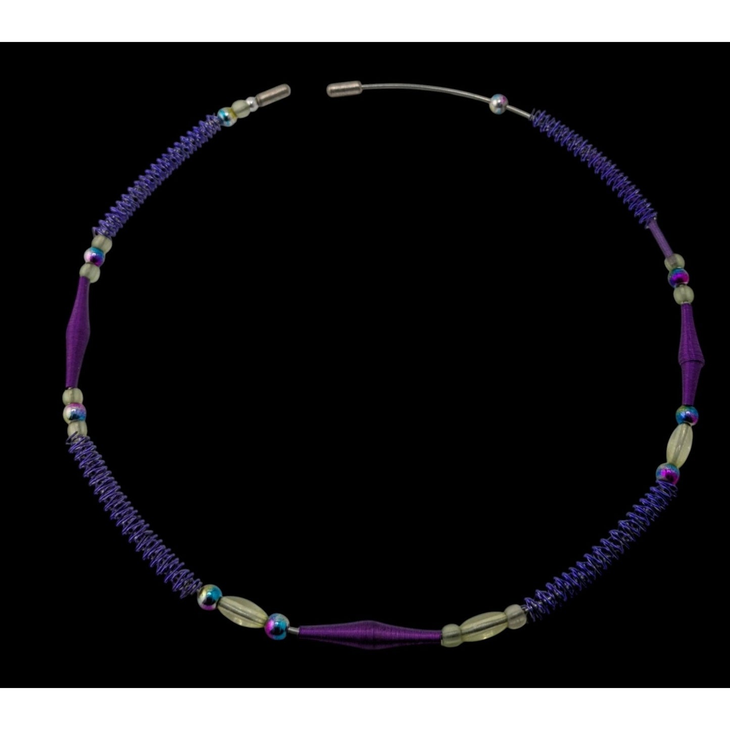 Handmade Purple Wire Wrapped Beaded Necklace With Spiral Wire & Glass Accents