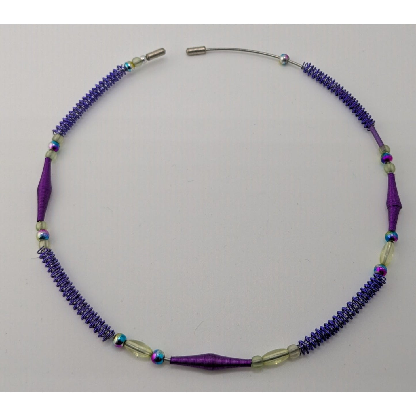 Handmade Purple Wire Wrapped Beaded Necklace With Spiral Wire & Glass Accents