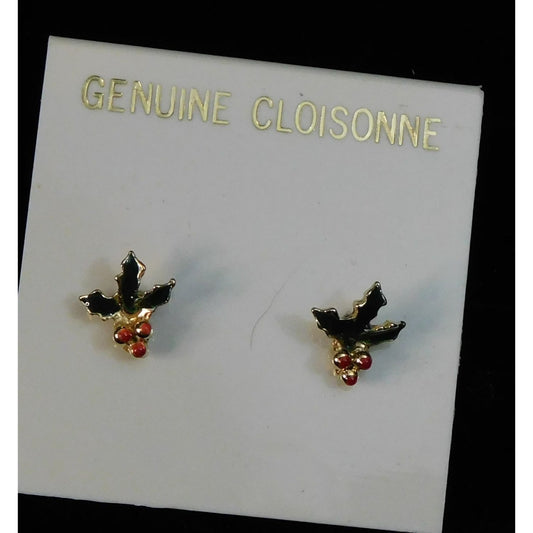 Vintage Genuine Cloisonne Holly Berry Post Earrings