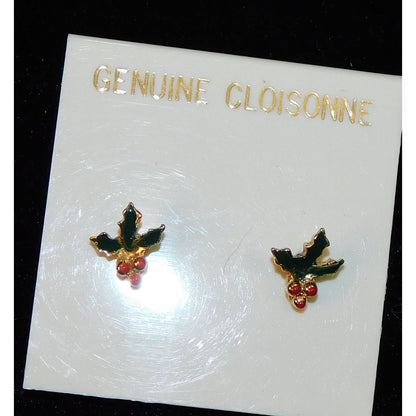 Vintage Genuine Cloisonne Holly Berry Post Earrings