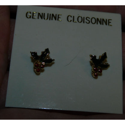 Vintage Genuine Cloisonne Holly Berry Post Earrings