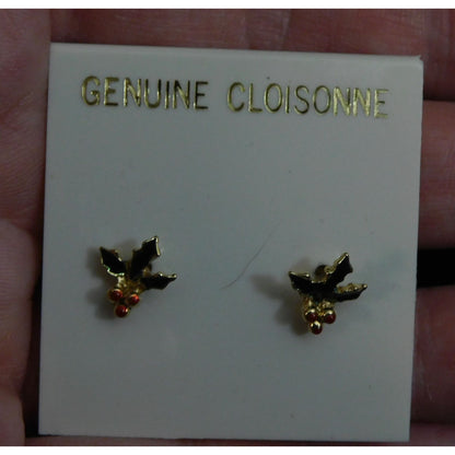 Vintage Genuine Cloisonne Holly Berry Post Earrings