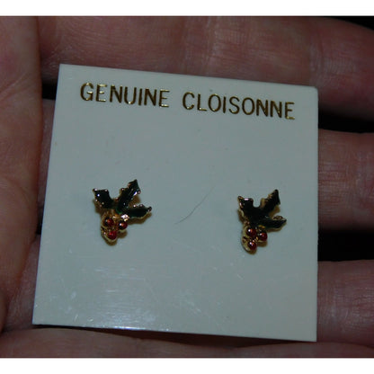 Vintage Genuine Cloisonne Holly Berry Post Earrings