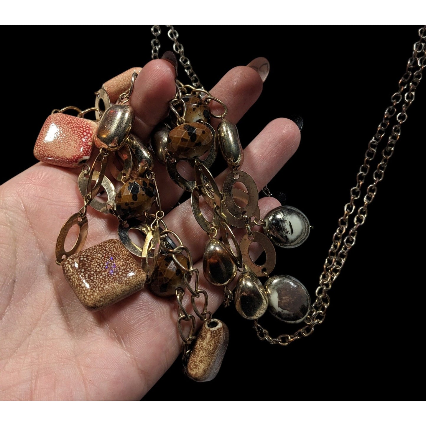 Retro Chunky Ceramic Glass And Metal Layered Necklace