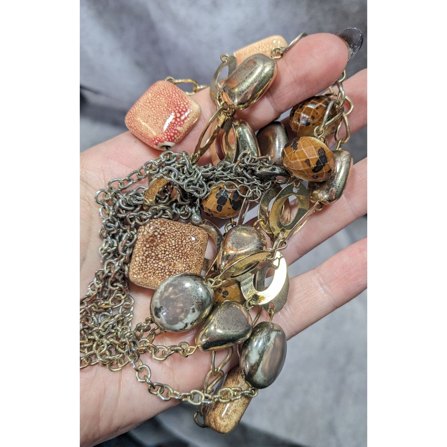 Retro Chunky Ceramic Glass And Metal Layered Necklace