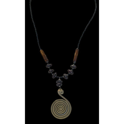 Vintage Tribal Spiral Pendant Necklace With Black Beads Wooden Accents & Barrel Clasp
