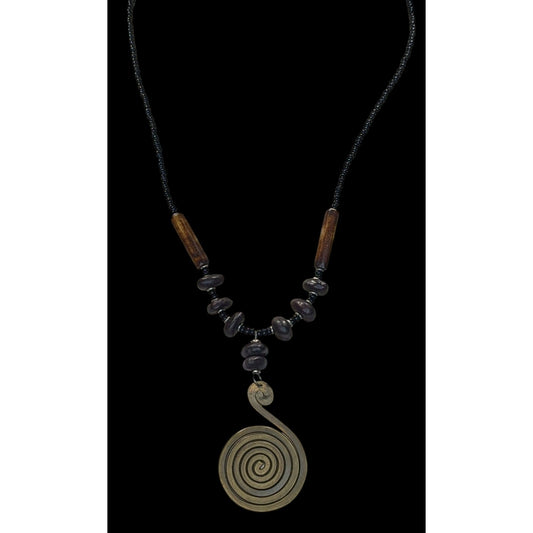 Vintage Tribal Spiral Pendant Necklace With Black Beads Wooden Accents & Barrel Clasp