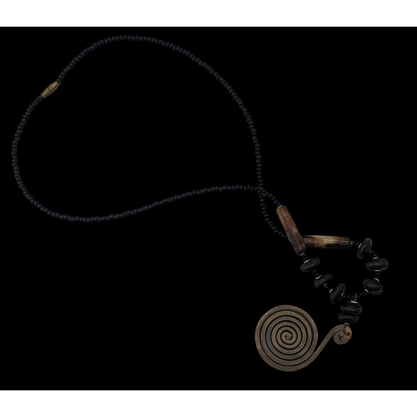 Vintage Tribal Spiral Pendant Necklace With Black Beads Wooden Accents & Barrel Clasp