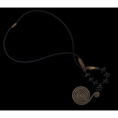 Vintage Tribal Spiral Pendant Necklace With Black Beads Wooden Accents & Barrel Clasp