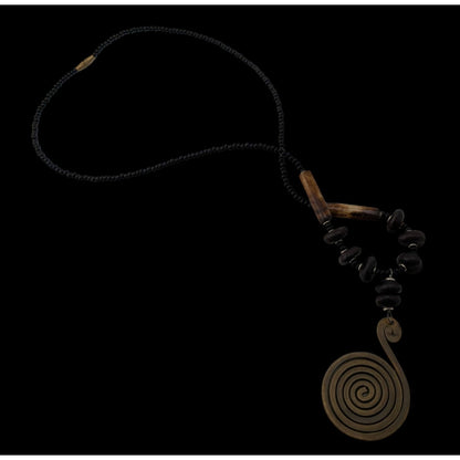 Vintage Tribal Spiral Pendant Necklace With Black Beads Wooden Accents & Barrel Clasp