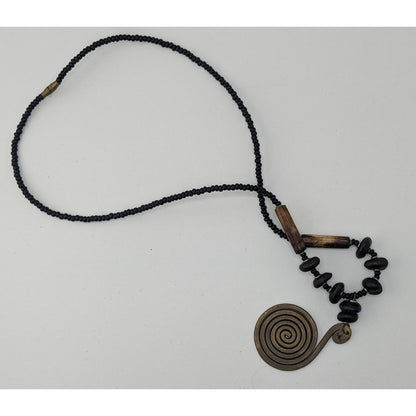 Vintage Tribal Spiral Pendant Necklace With Black Beads Wooden Accents & Barrel Clasp
