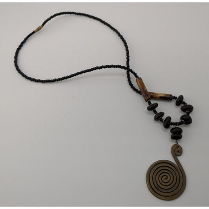 Vintage Tribal Spiral Pendant Necklace With Black Beads Wooden Accents & Barrel Clasp