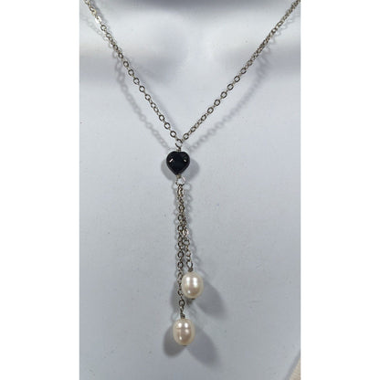Elegant Black Heart Pearl Accent Lariat Necklace