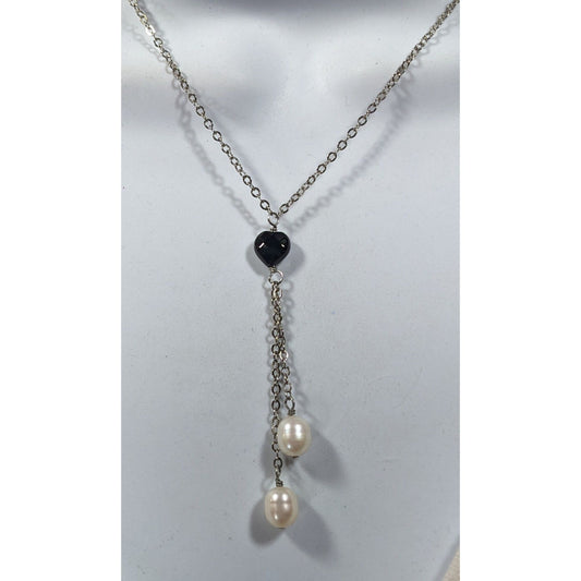 Elegant Black Heart Pearl Accent Lariat Necklace