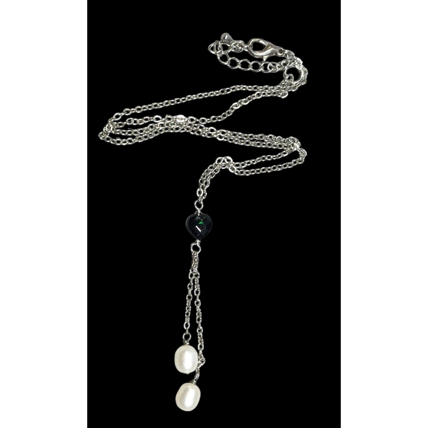 Elegant Black Heart Pearl Accent Lariat Necklace
