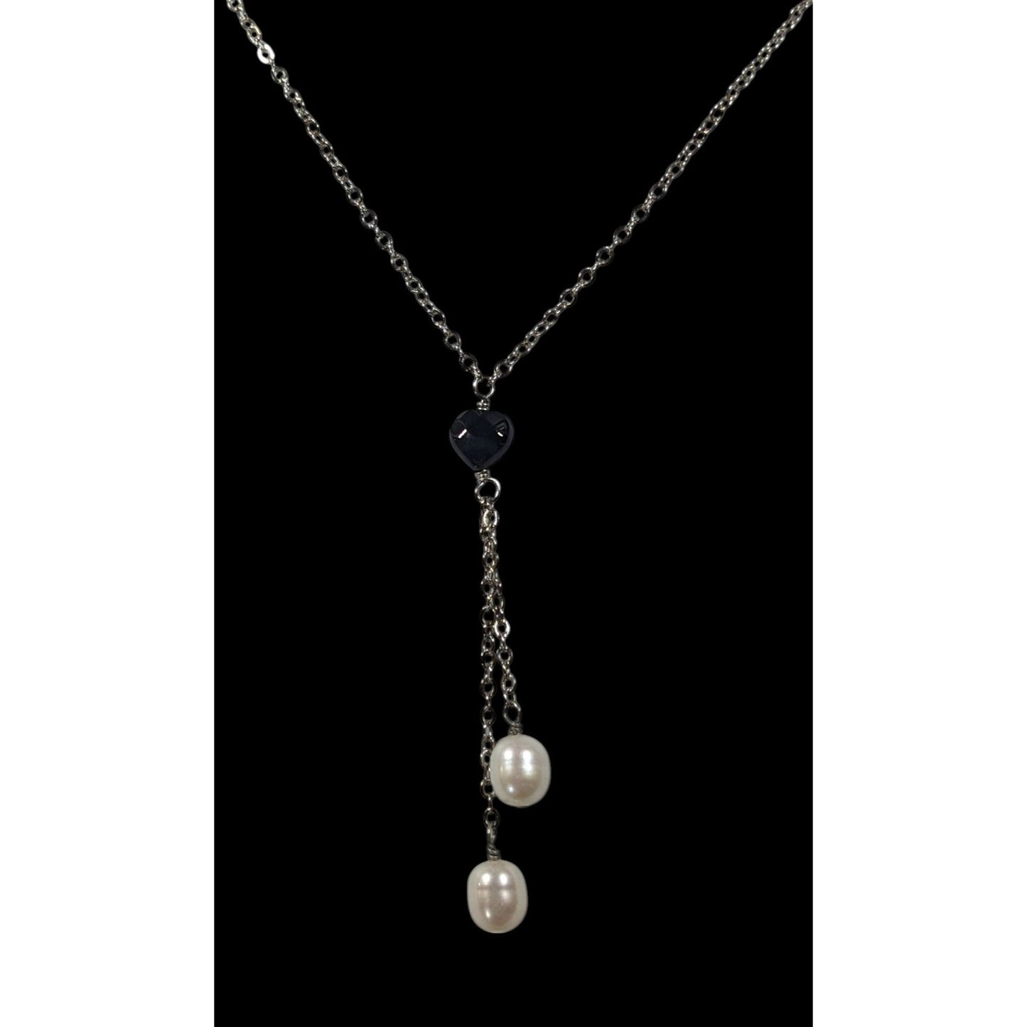 Elegant Black Heart Pearl Accent Lariat Necklace