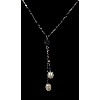 Elegant Black Heart Pearl Accent Lariat Necklace