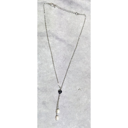 Elegant Black Heart Pearl Accent Lariat Necklace