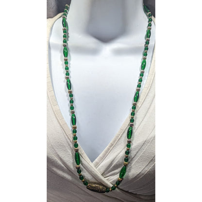 Retro Green Glass Beaded Necklace With Silver And Gold Tone Accents