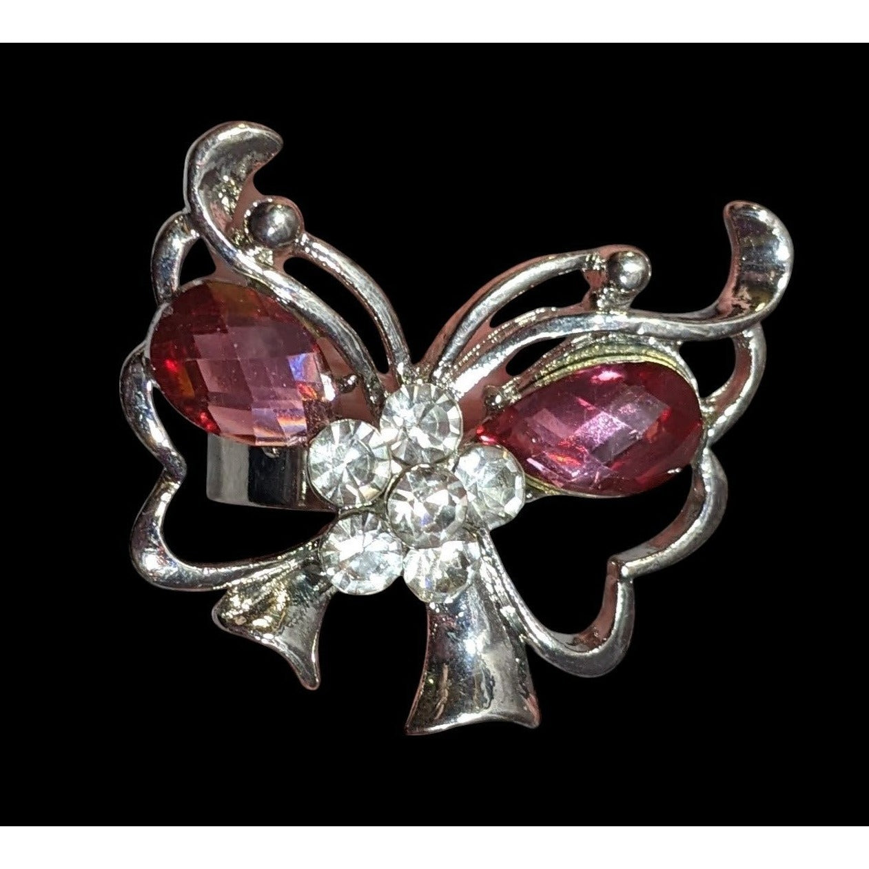 Fairycore Butterfly Pink And Silver Tone Gemmed Ring Size 6 1/2