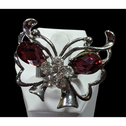 Fairycore Butterfly Pink And Silver Tone Gemmed Ring Size 6 1/2