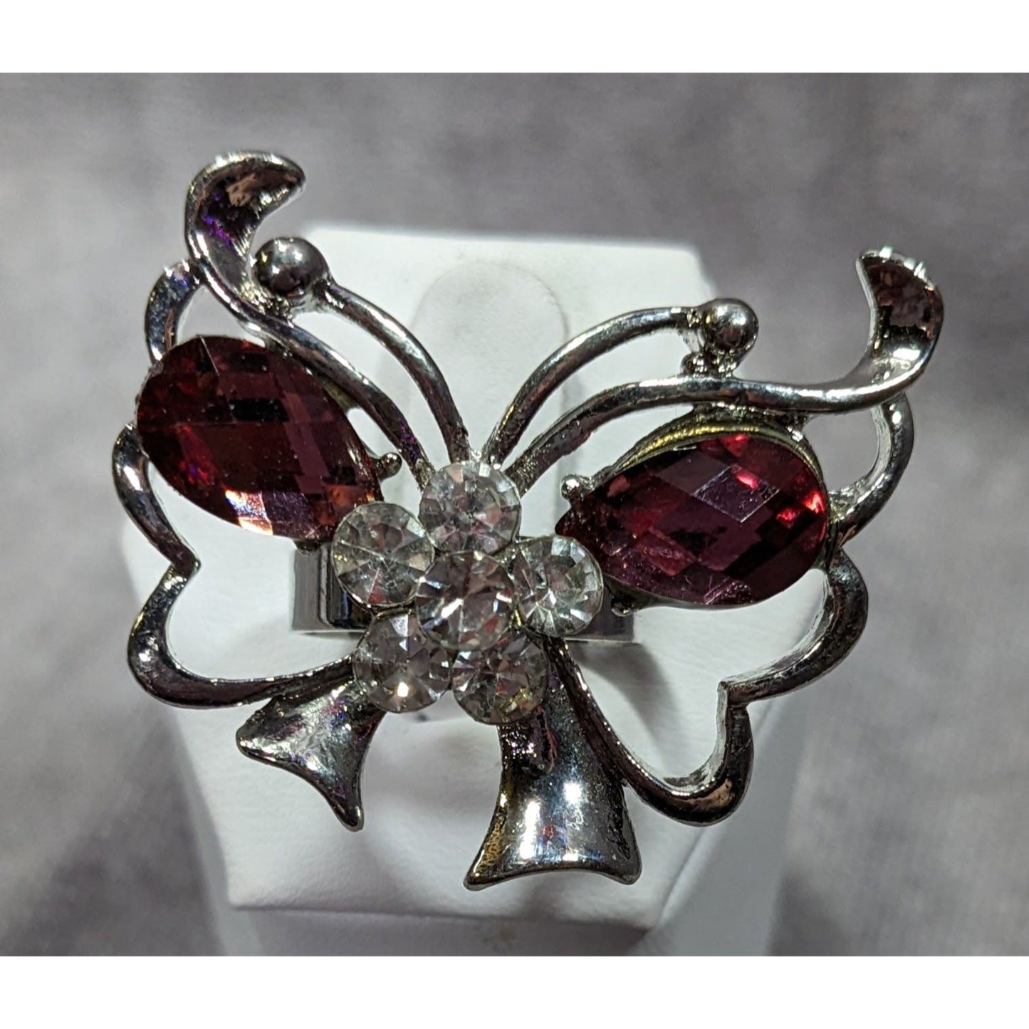 Fairycore Butterfly Pink And Silver Tone Gemmed Ring Size 6 1/2