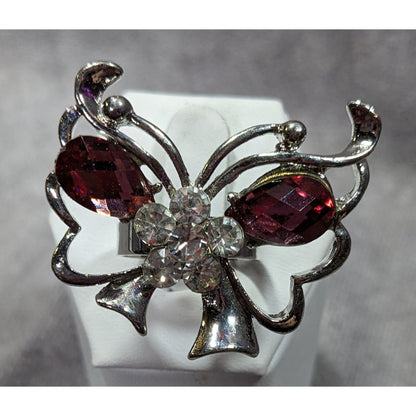 Fairycore Butterfly Pink And Silver Tone Gemmed Ring Size 6 1/2
