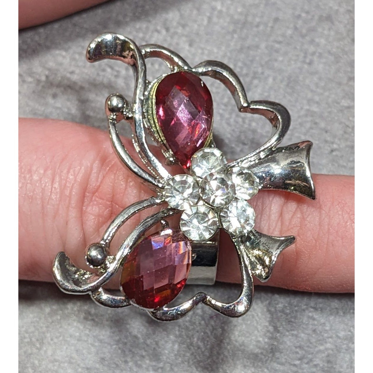 Fairycore Butterfly Pink And Silver Tone Gemmed Ring Size 6 1/2