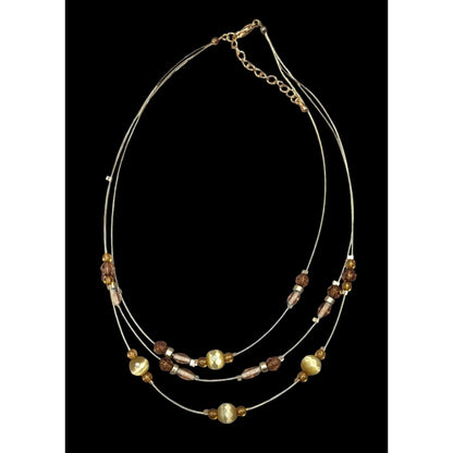 Retro Yellow Brown And Gold Tone Glass Beaded Floating Necklace