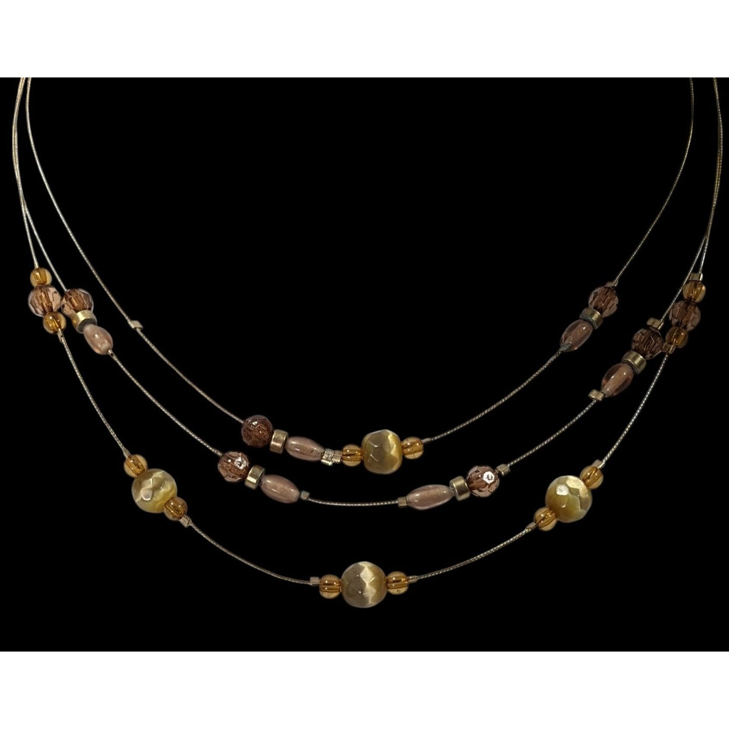 Retro Yellow Brown And Gold Tone Glass Beaded Floating Necklace