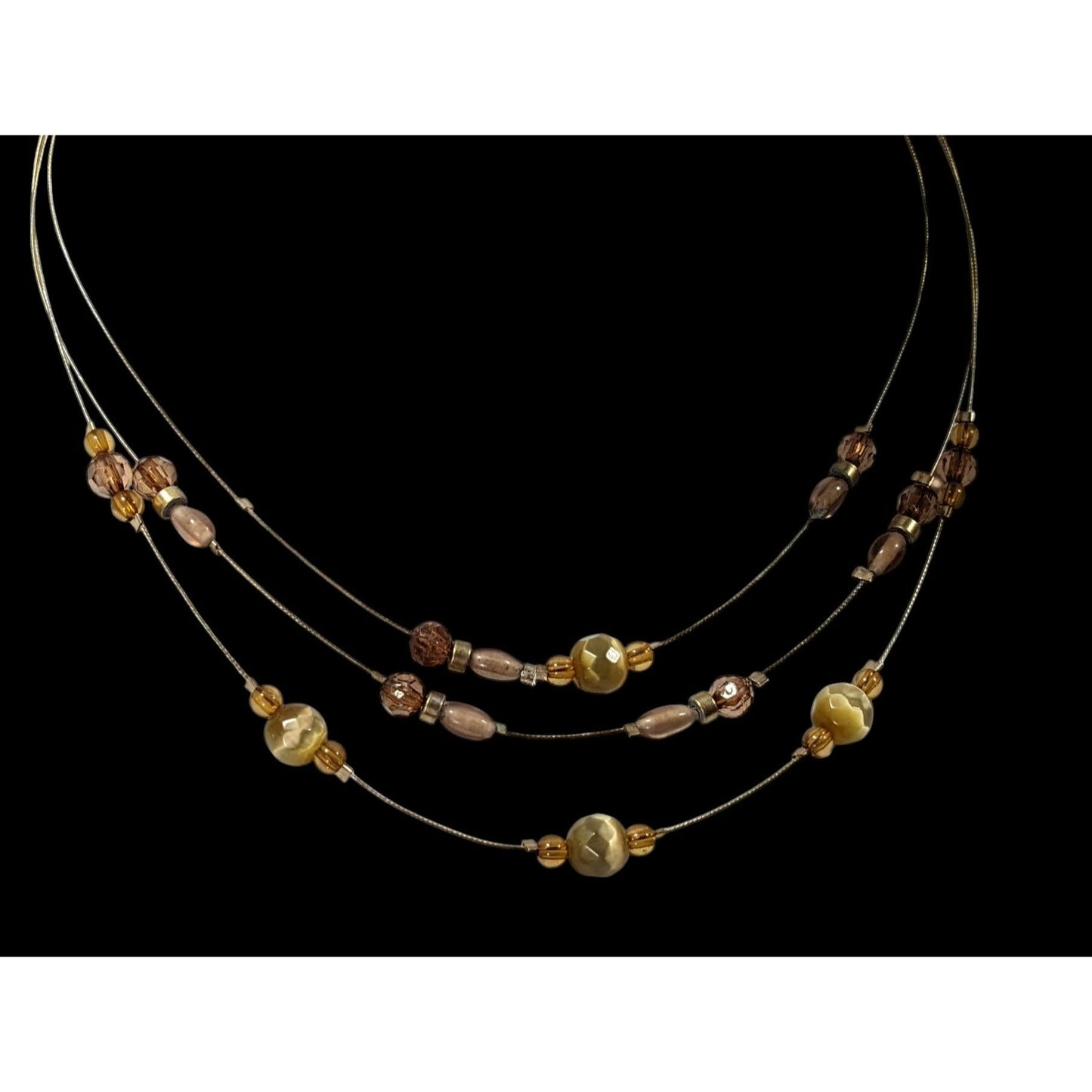 Retro Yellow Brown And Gold Tone Glass Beaded Floating Necklace