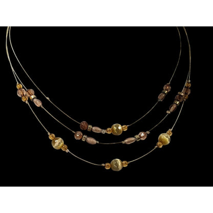 Retro Yellow Brown And Gold Tone Glass Beaded Floating Necklace