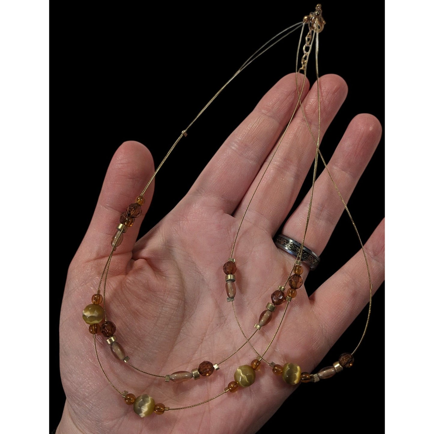 Retro Yellow Brown And Gold Tone Glass Beaded Floating Necklace