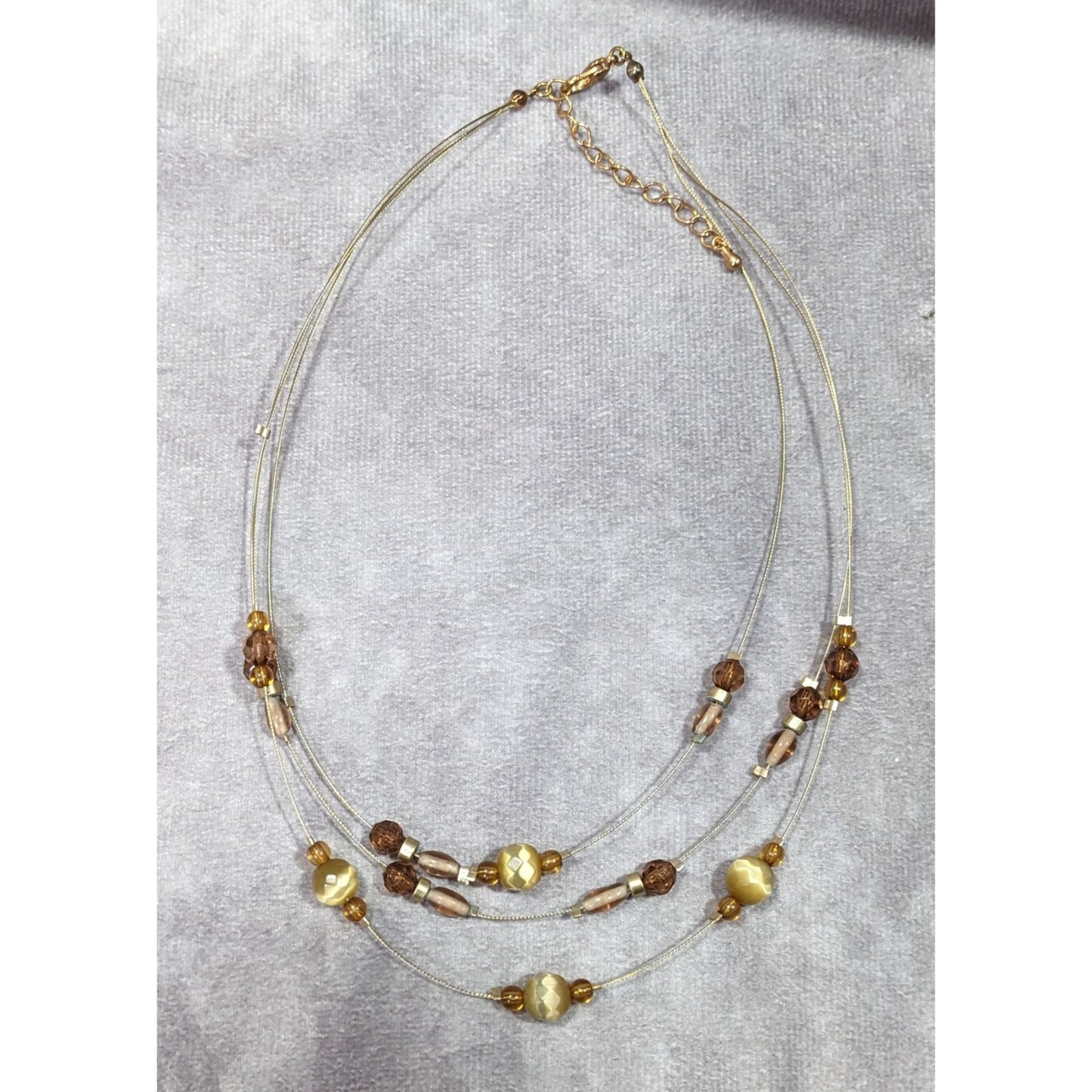 Retro Yellow Brown And Gold Tone Glass Beaded Floating Necklace